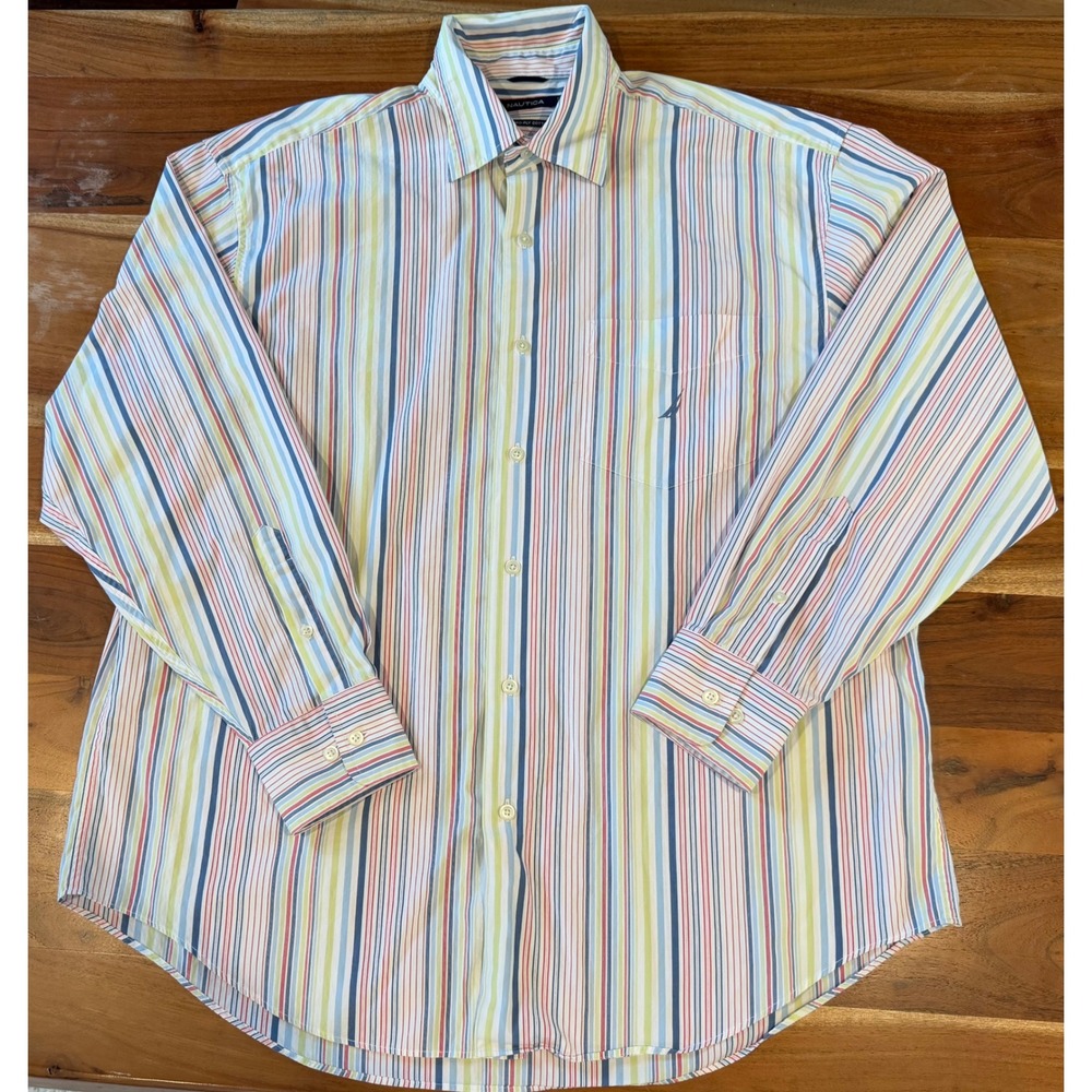 Nautica Mens Large 80s Two-Ply Cotton Striped Button Down Shirt Long Sleeve L